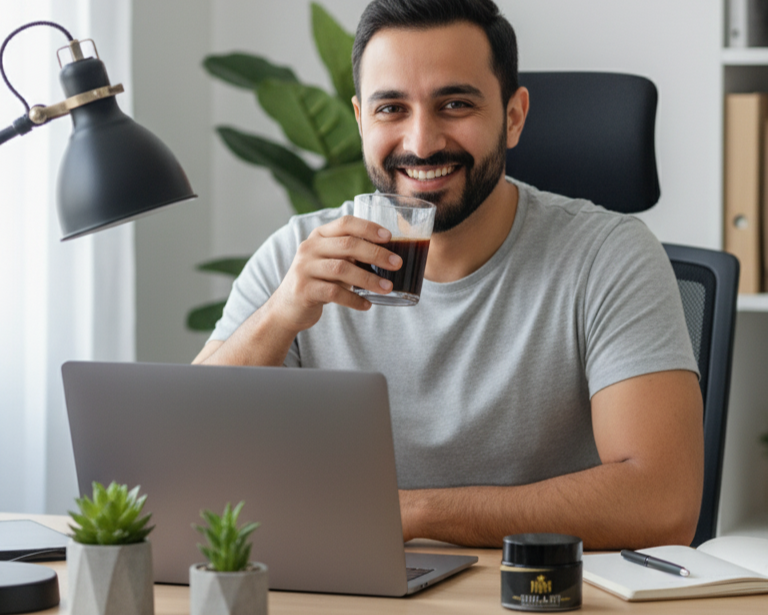 Man sitting at a desk with a laptop, drinking coffee, in a home office setting.