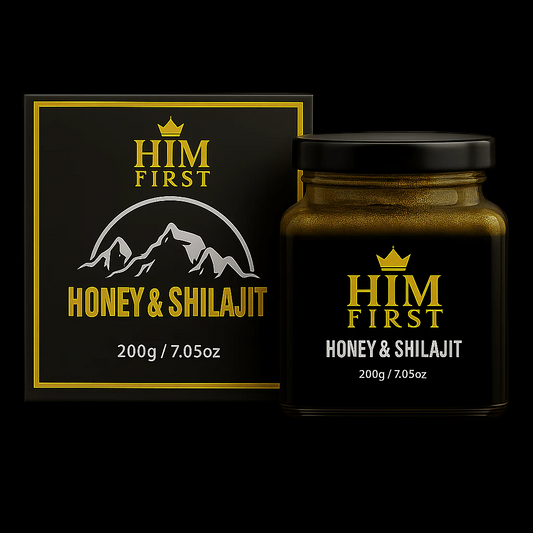 Him First Honey & Shilajit jar and packaging on a dark background